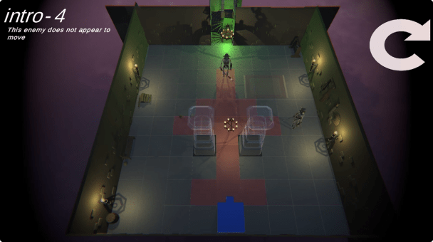 Screenshot waar je van bovenaf in een donkere kamer kijkt met 2 transparante pilaren, fakkels aan de muren met en de ninja vlak bij de deur aan het einde van de kamer